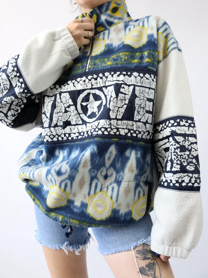 Vintage 80s 90s 2ND IMPULSE fleece sweater stand-up collar crazy pattern print XL