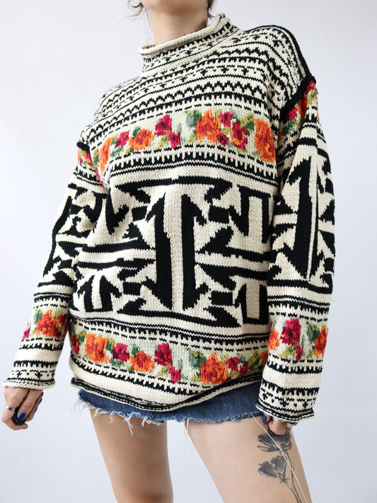 Vintage 80er 90er JOS Strickpullover Pullover gemustert bunt L