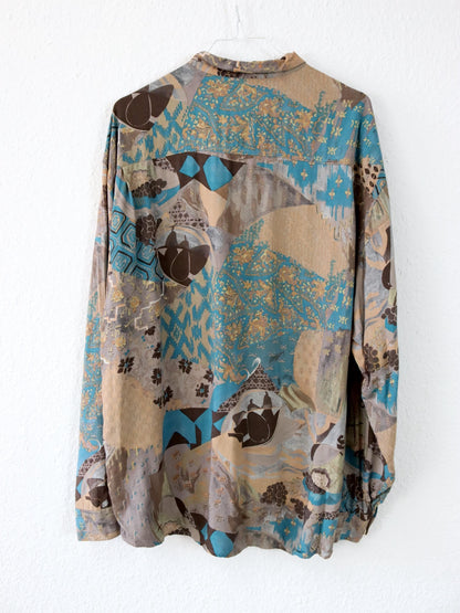 Vintage 80s 90s BALLOON blouse shirt long sleeve crazy pattern L
