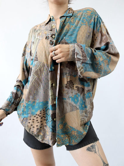 Vintage 80s 90s BALLOON blouse shirt long sleeve crazy pattern L