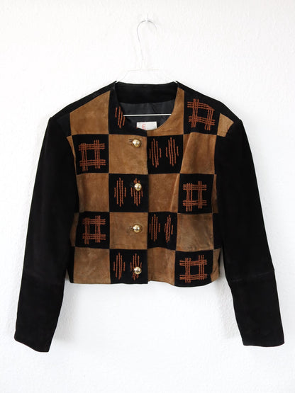 Vintage 80s 90s EURO MODE suede jacket leather embroidery brown black gold 38