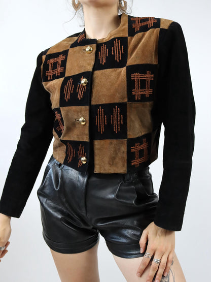 Vintage 80s 90s EURO MODE suede jacket leather embroidery brown black gold 38