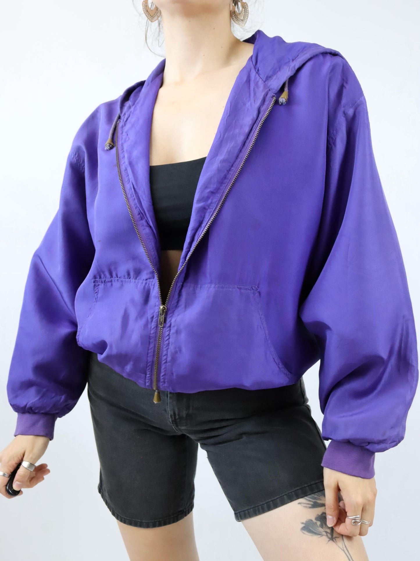 Vintage 80s 90s OTELLO PELLE silk jacket jacket silk purple hood M