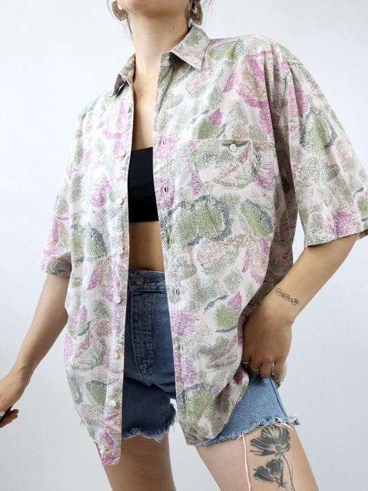 Vintage 80s 90s SCIROCCO shirt short sleeve crazy pattern pink green M