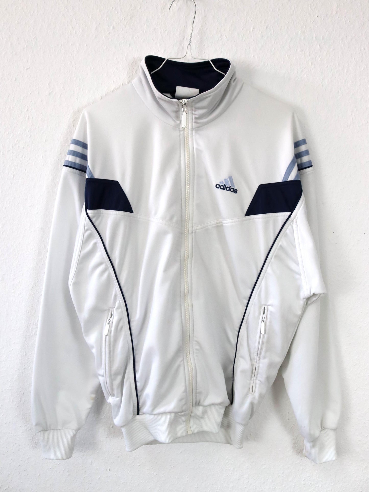 Vintage 80s 90s ADIDAS tracksuit jacket stand-up collar white blue S 36