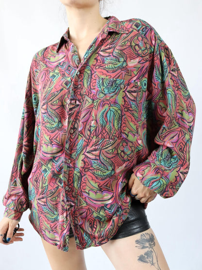 Vintage 80s 90s CAVORI shirt long sleeve crazy pattern viscose L