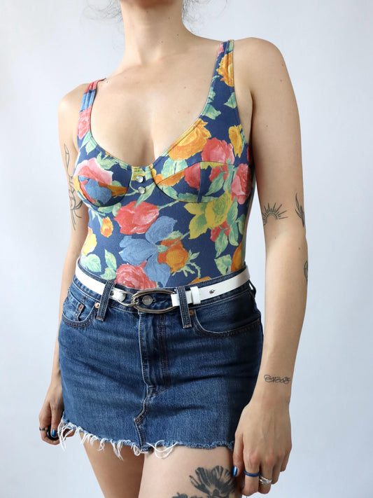 Vintage 80s 90s CALZEDONIA bodysuit one-piece floral pattern bustier 38