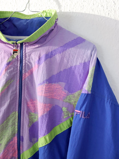 Vintage 80s 90s FILA tracksuit jacket stand-up collar crazy pattern colorful blue lilac 48 M
