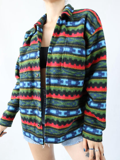 Vintage 80s 90s fleece shirt patterned colorful button placket M