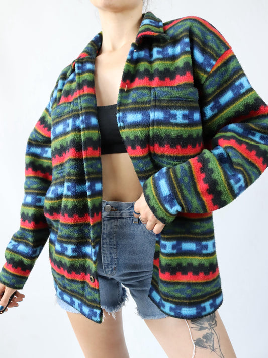 Vintage 80s 90s fleece shirt patterned colorful button placket M