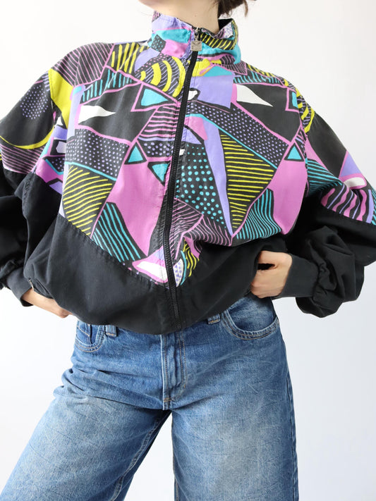 Vintage 80s 90s TRIGEMA tracksuit jacket stand-up collar crazy pattern colorful black XL