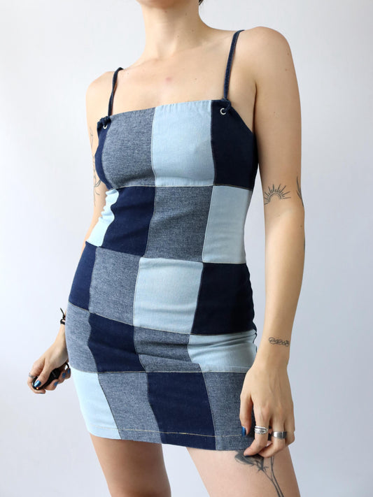 Vintage 80s 90s denim dress mini dress denim patches 36