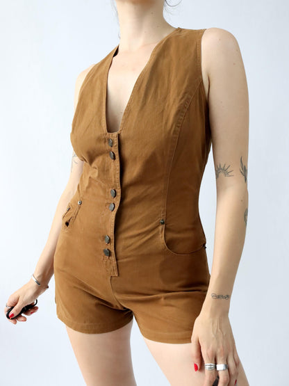 Vintage 80er 90er AVANT Jumpsuit Einteiler kurz braun ärmellos Knopfreihe 38