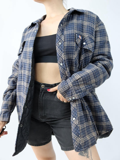 Vintage 90s 00s Y2K DICKIES flannel shirt jacket checked lightly lined blue beige 2XL