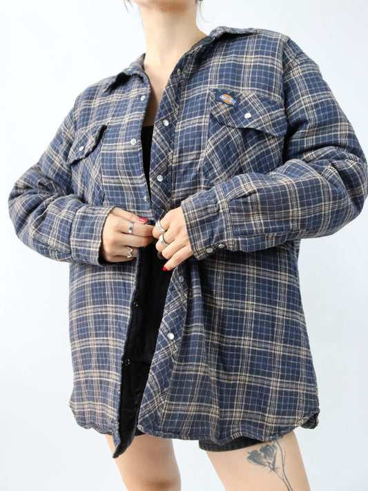 Vintage 90s 00s Y2K DICKIES flannel shirt jacket checked lightly lined blue beige 2XL