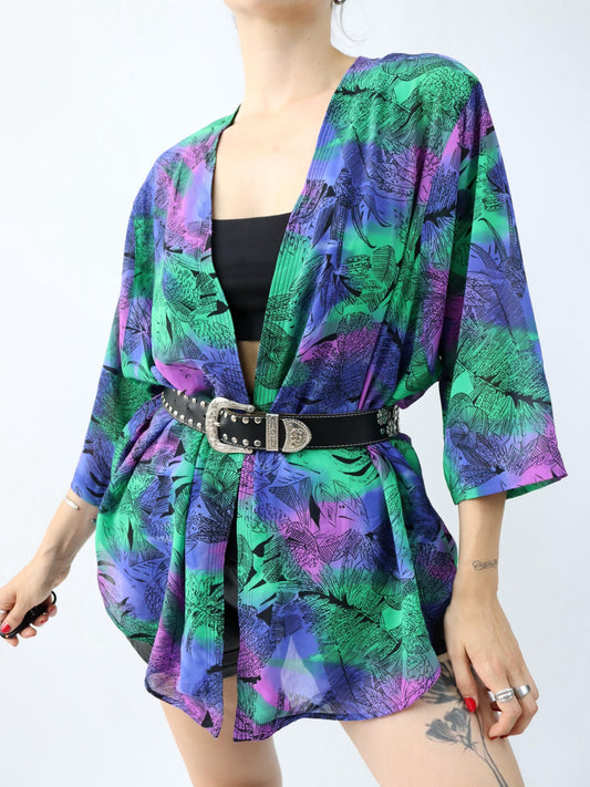 Vintage 80s 90s kimono blouse jacket crazy pattern purple green M