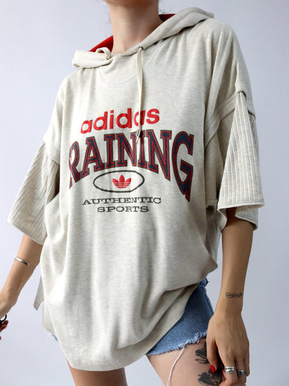 Vintage 80s 90s ADIDAS TRAINING T-Shirt short sleeve thick fabric beige print hood L