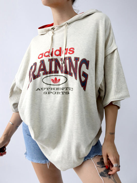 Vintage 80s 90s ADIDAS TRAINING T-Shirt short sleeve thick fabric beige print hood L