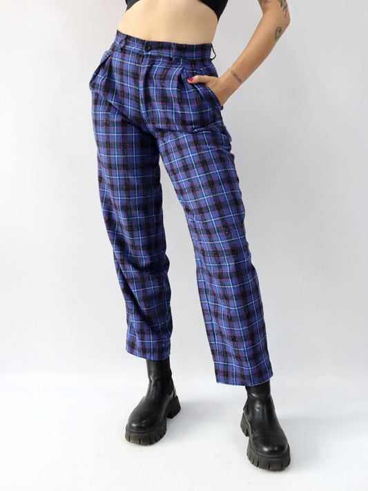 Vintage 80s 90s COMIC wool trousers pleated trousers checked blue black red W31