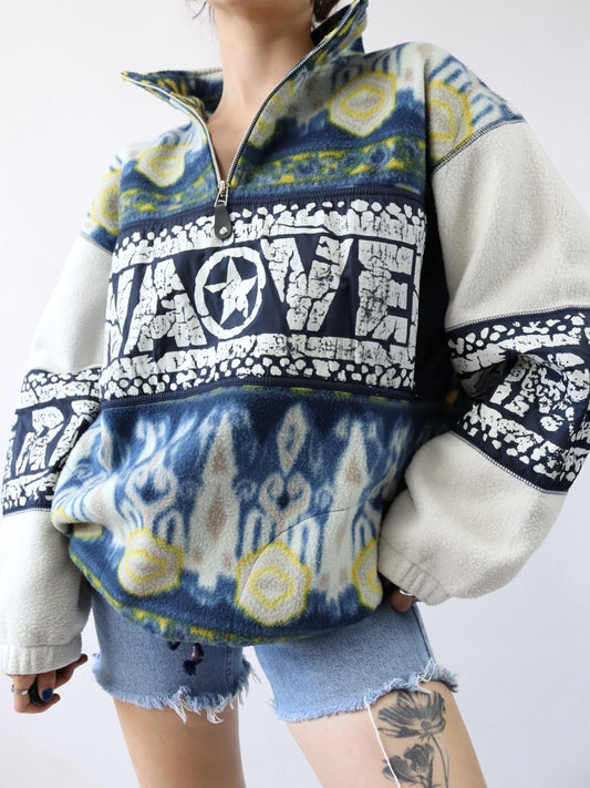 Vintage 80s 90s 2ND IMPULSE fleece sweater stand-up collar crazy pattern print XL