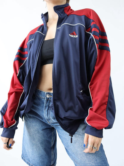 Vintage 80s 90s ADIDAS tracksuit jacket stand-up collar dark blue red D8 L