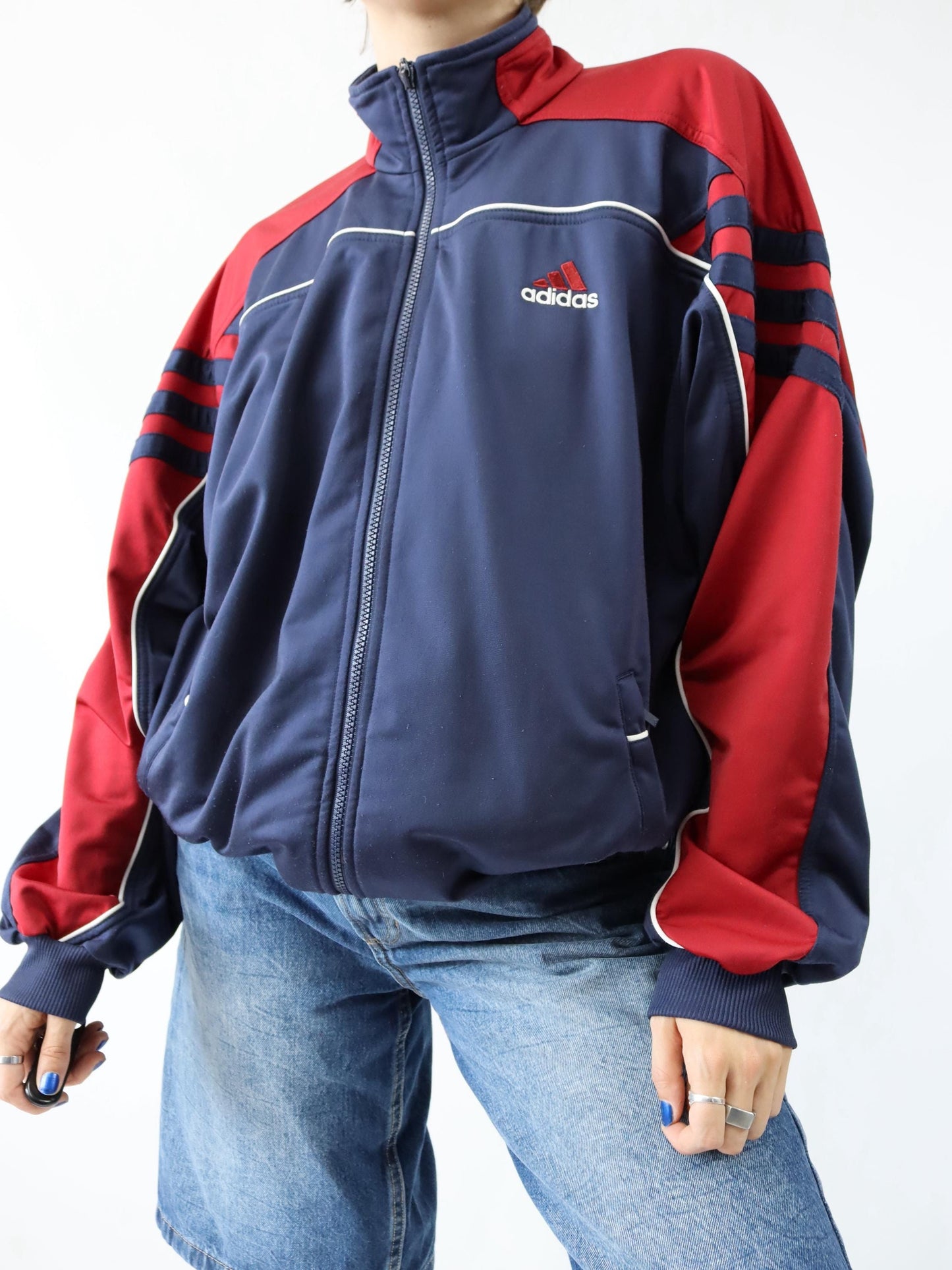 Vintage 80s 90s ADIDAS tracksuit jacket stand-up collar dark blue red D8 L