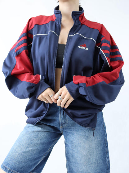 Vintage 80s 90s ADIDAS tracksuit jacket stand-up collar dark blue red D8 L