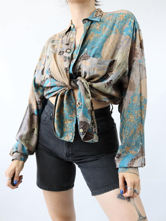 Vintage 80s 90s BALLOON blouse shirt long sleeve crazy pattern L