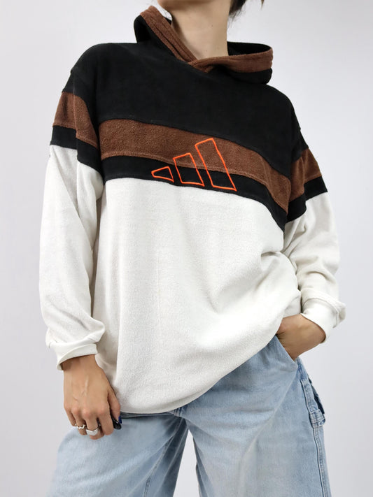 Vintage 80s 90s ADIDAS Hoodie Pullover Terry Cloth Brown Orange White XL