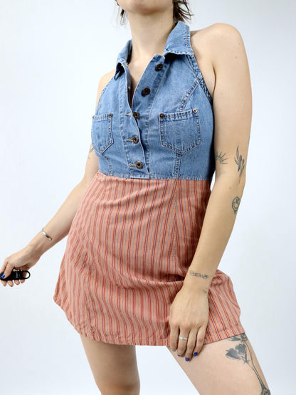 Vintage 80er 90er FREESOUL Jeanskleid Neckholder Minikleid gestreift Denim 36 S