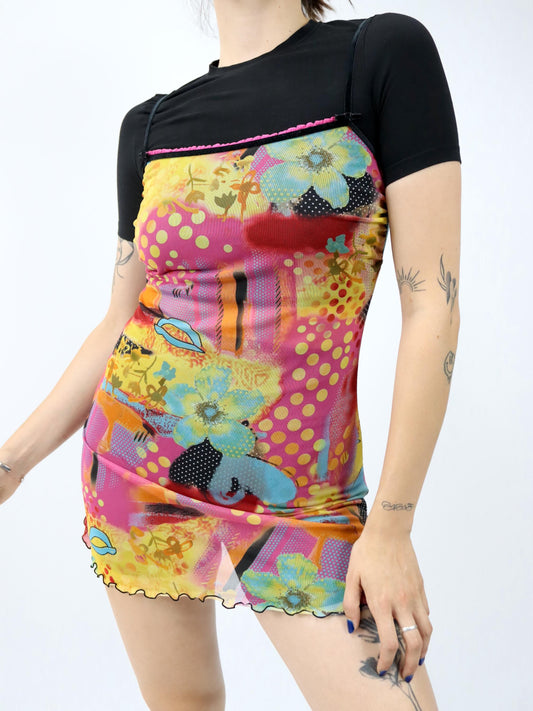 Vintage 90s 00s Y2k LOVABLE mini dress mesh dress crazy pattern colorful 38