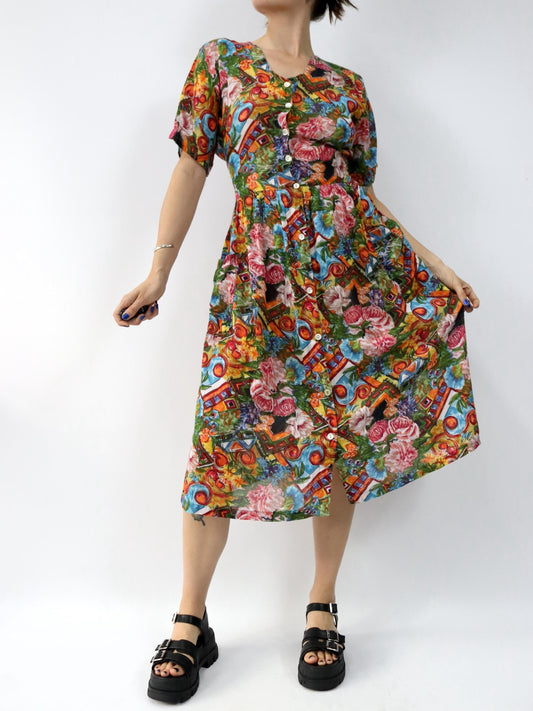 Vintage 80s 90s JULIEN midi dress floral pattern button placket viscose short sleeve colorful M