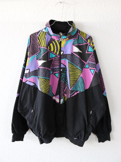 Vintage 80s 90s TRIGEMA tracksuit jacket stand-up collar crazy pattern colorful black XL