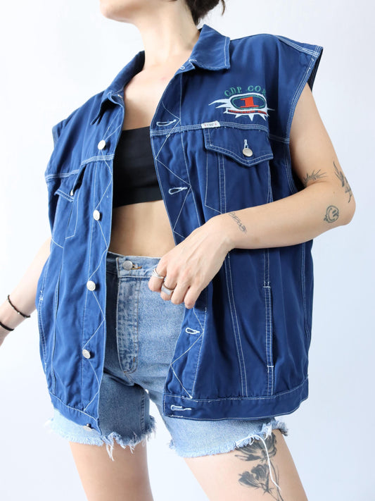 Vintage 80s 90s CDP COMPANY vest blue white embroidery XL