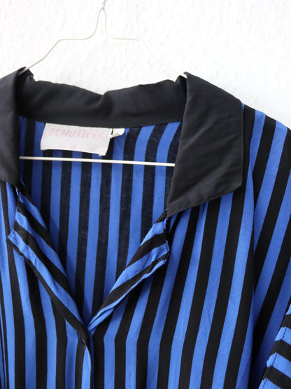 Vintage 80s 90s BEAUTIFUL blouse viscose short sleeve striped black blue L