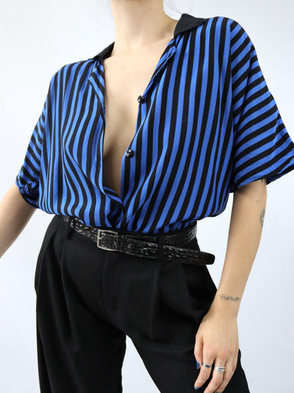 Vintage 80s 90s BEAUTIFUL blouse viscose short sleeve striped black blue L