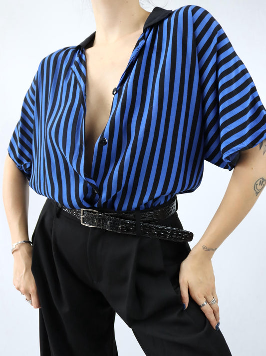 Vintage 80s 90s BEAUTIFUL blouse viscose short sleeve striped black blue L
