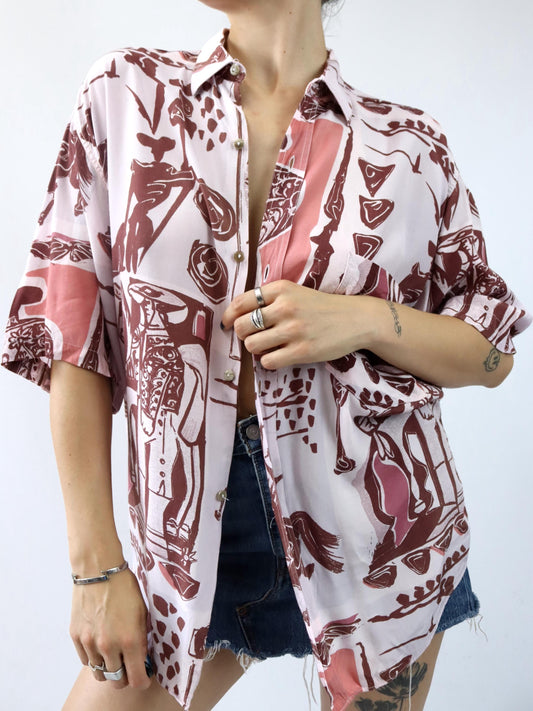 Vintage 80s 90s CIAPS shirt short sleeve viscose crazy pattern pink M