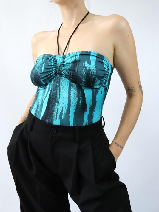 Vintage 80s 90s MAS MARE bodysuit bandeau crazy pattern blue black M