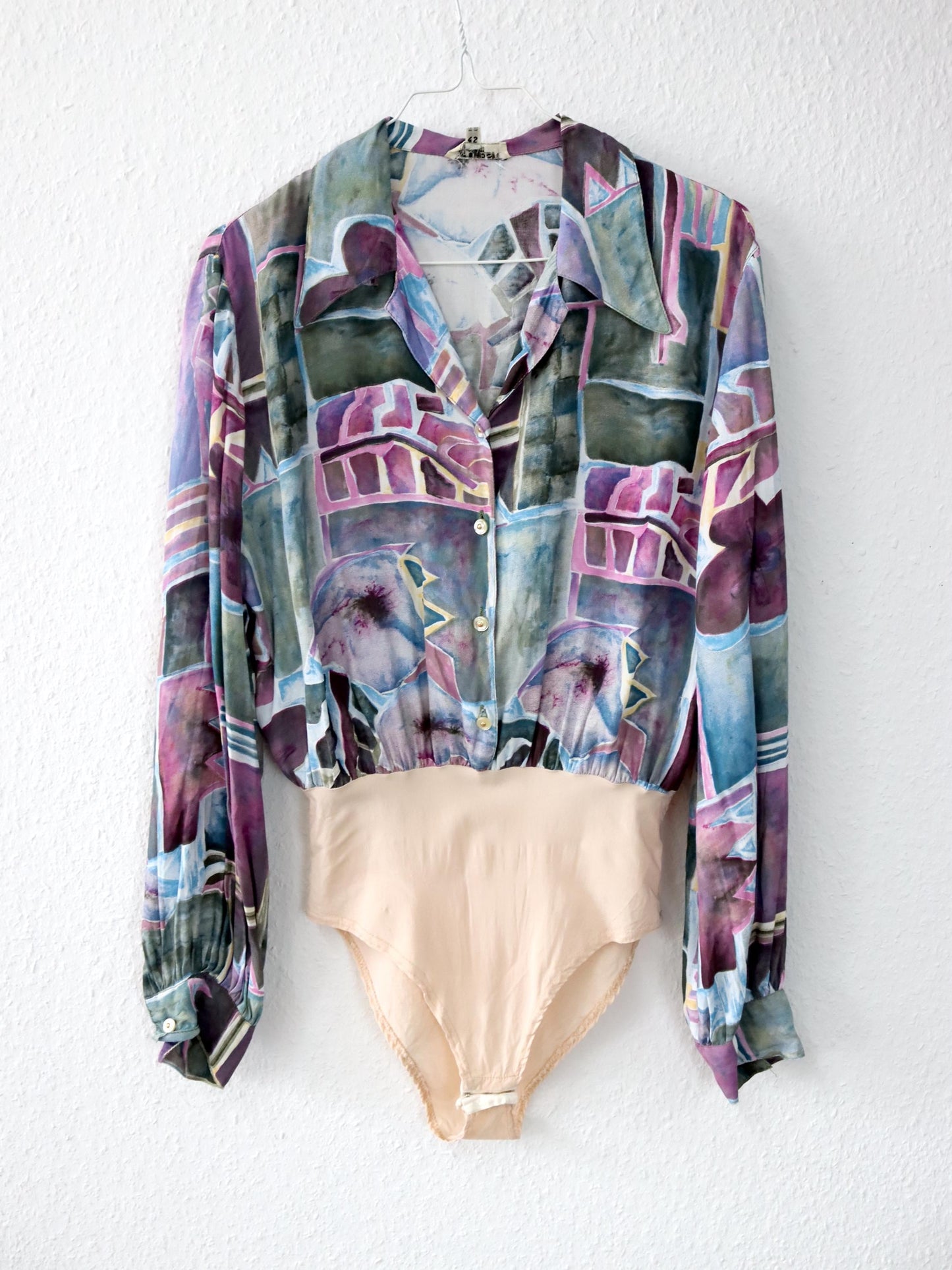 Vintage 80er 90er IPOTESI Body Bluse Viskose langarm crazy pattern 38