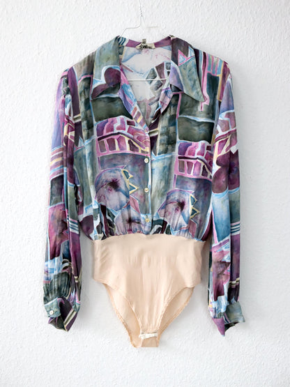 Vintage 80er 90er IPOTESI Body Bluse Viskose langarm crazy pattern 38