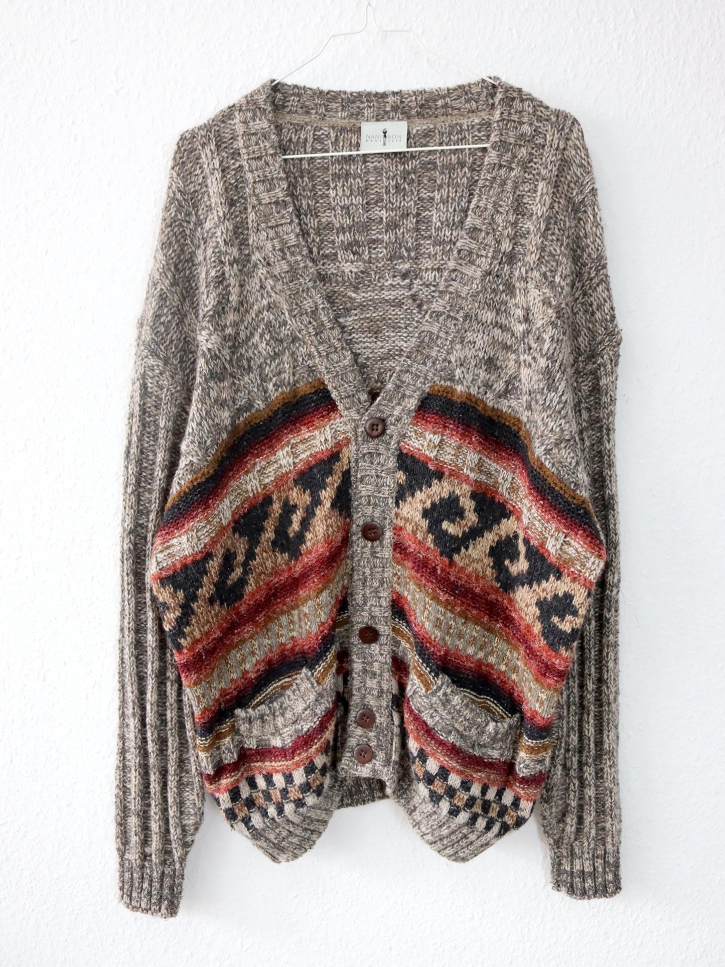 Vintage 80er 90er NANIBON Cardigan  Strickjacke Wolle gemustert 52 L/XL