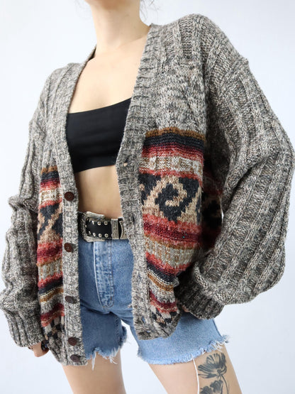 Vintage 80er 90er NANIBON Cardigan  Strickjacke Wolle gemustert 52 L/XL