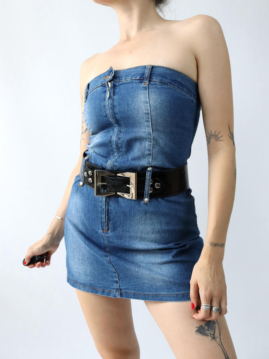 Vintage 90s 00s Y2K FISHBONE Denim Dress Mini Dress Denim Zipper Off Shoulder S