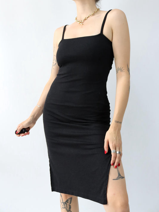 Vintage 80s 90s midi dress sleeveless black slit Made in USA M