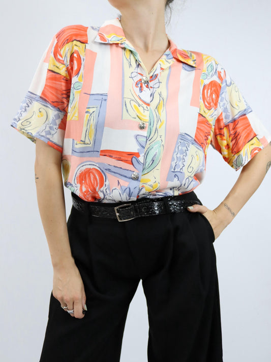 Vintage 80s 90s blouse short sleeve viscose crazy pattern M