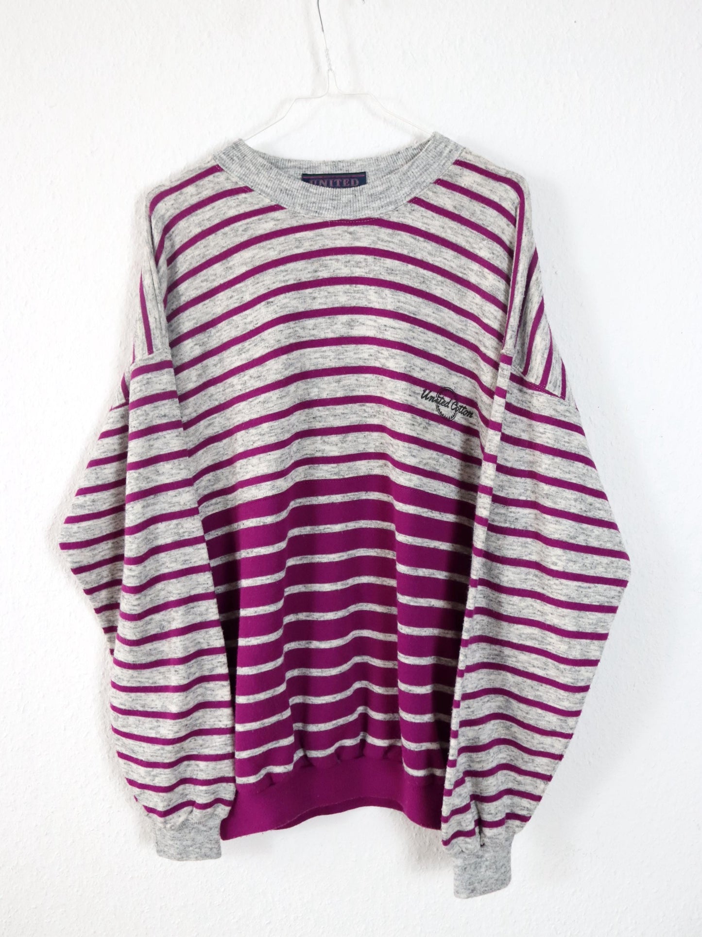 Vintage 80er 90er UNITED COTTON Sweatshirt Pullover gestreift grau lila L