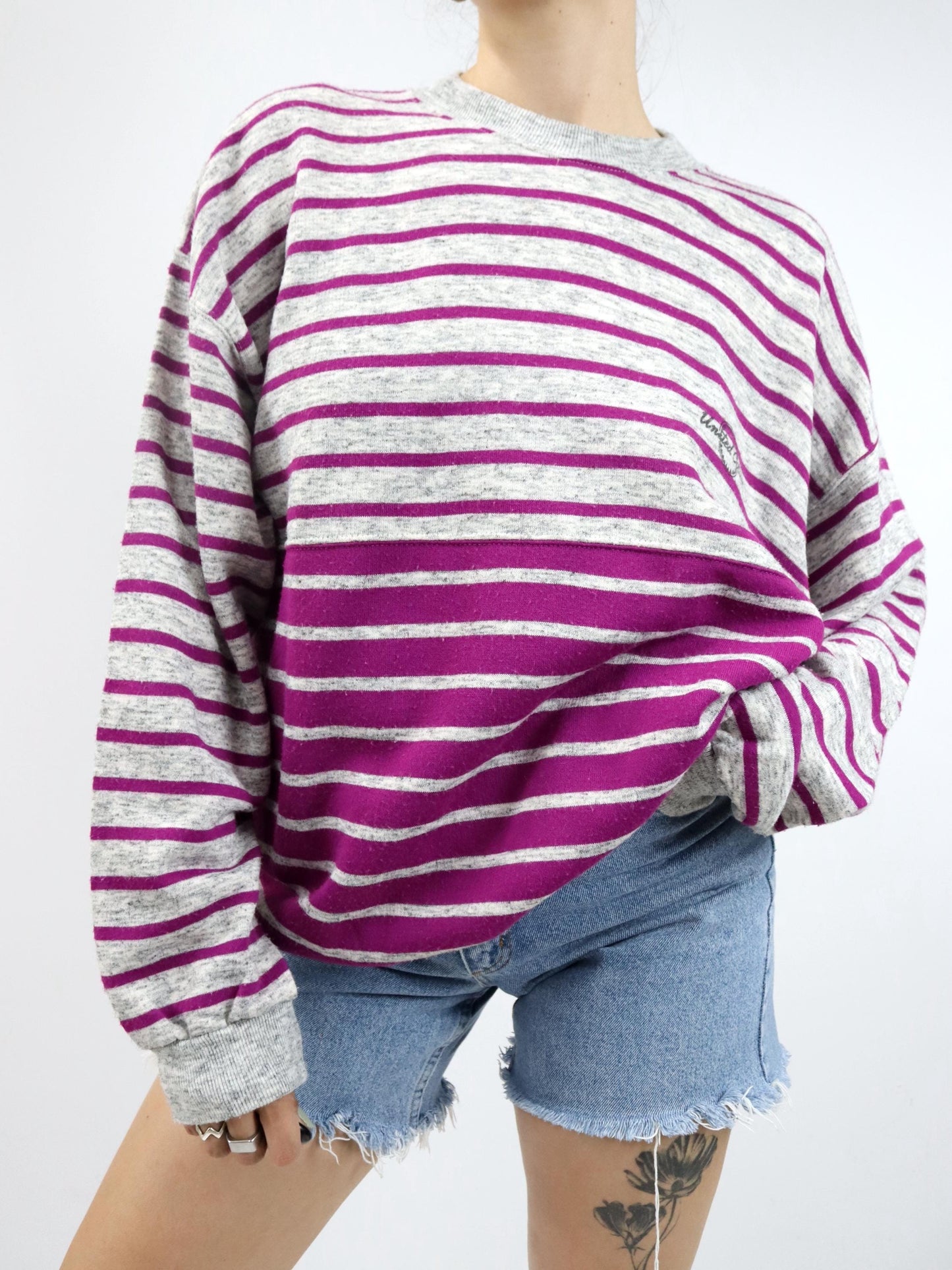 Vintage 80er 90er UNITED COTTON Sweatshirt Pullover gestreift grau lila L
