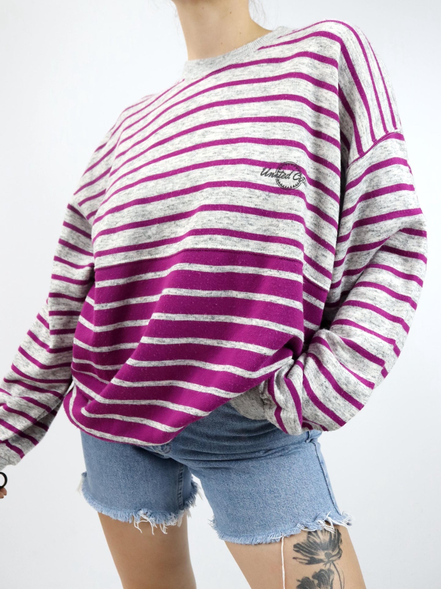 Vintage 80er 90er UNITED COTTON Sweatshirt Pullover gestreift grau lila L