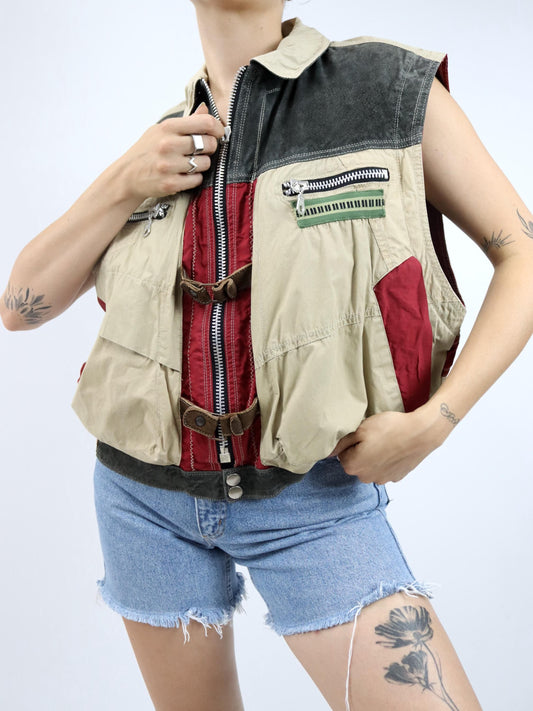 Vintage 80s 90s AIRFIELD vest cargo vest beige red gray M